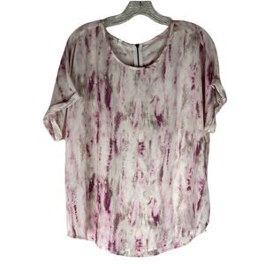Maurices Top Women’s Pink White Tie Dye Marbled Short Tab Sleeve Zipper Blouse L
